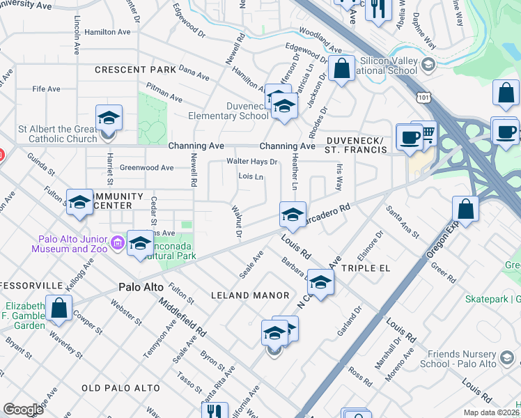 map of restaurants, bars, coffee shops, grocery stores, and more near 124 Lois Lane in Palo Alto
