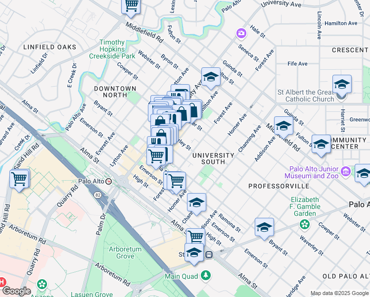 map of restaurants, bars, coffee shops, grocery stores, and more near 636 Waverley Street in Palo Alto