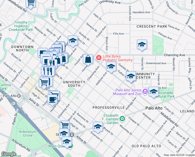 map of restaurants, bars, coffee shops, grocery stores, and more near 940 Webster Street in Palo Alto