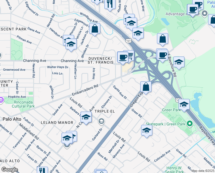map of restaurants, bars, coffee shops, grocery stores, and more near 1035 North California Avenue in Palo Alto