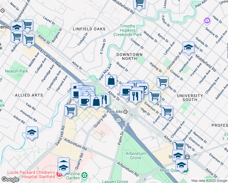 map of restaurants, bars, coffee shops, grocery stores, and more near in Palo Alto