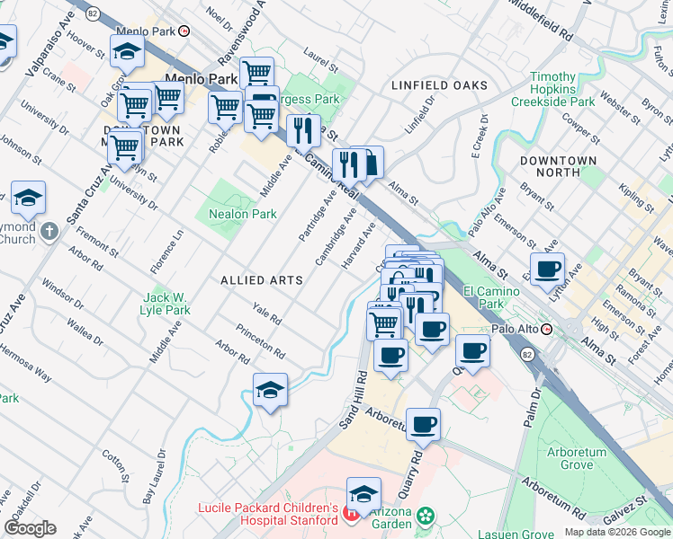 map of restaurants, bars, coffee shops, grocery stores, and more near 128 Cornell Road in Menlo Park