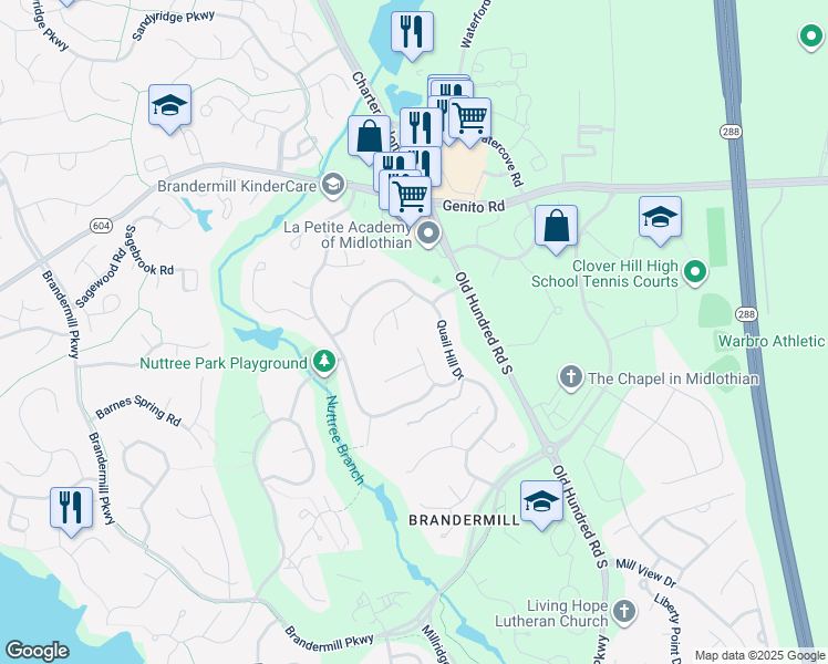 map of restaurants, bars, coffee shops, grocery stores, and more near 3200 Fox Chase Road in Midlothian