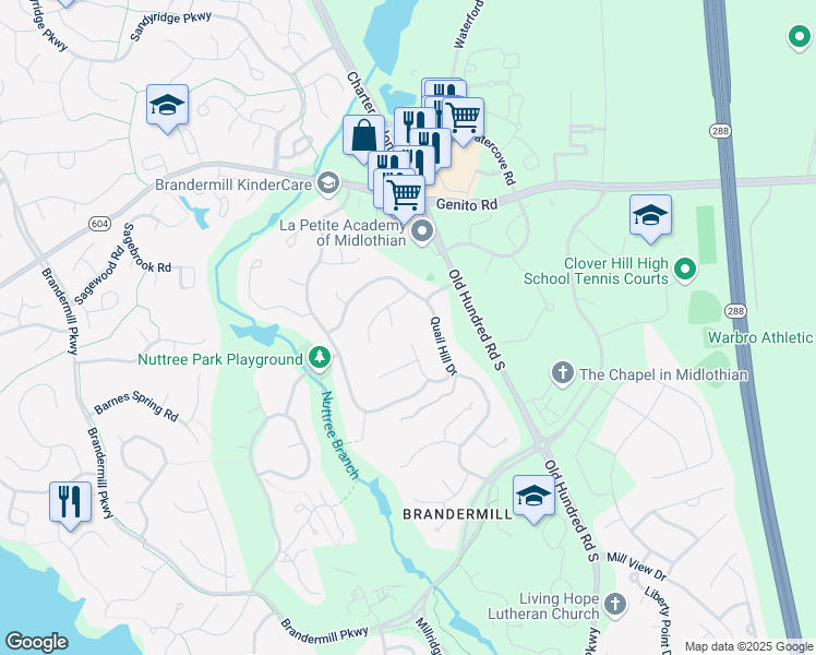 map of restaurants, bars, coffee shops, grocery stores, and more near 3200 Fox Chase Road in Midlothian