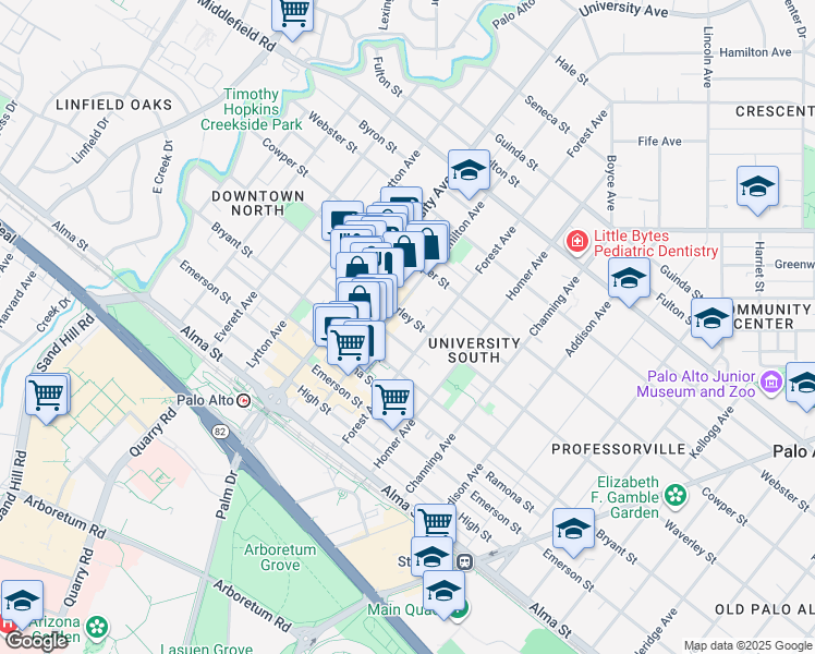 map of restaurants, bars, coffee shops, grocery stores, and more near 628 Waverley Street in Palo Alto