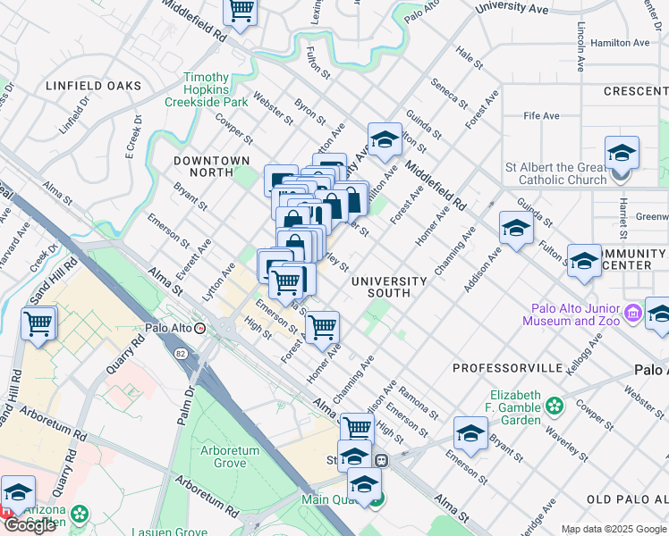 map of restaurants, bars, coffee shops, grocery stores, and more near 628 Waverley Street in Palo Alto