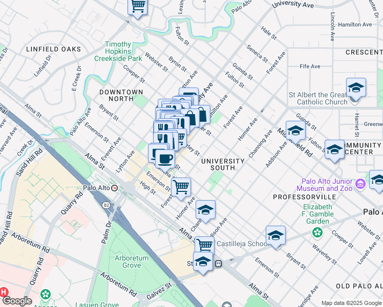 map of restaurants, bars, coffee shops, grocery stores, and more near 636 Waverley Street in Palo Alto