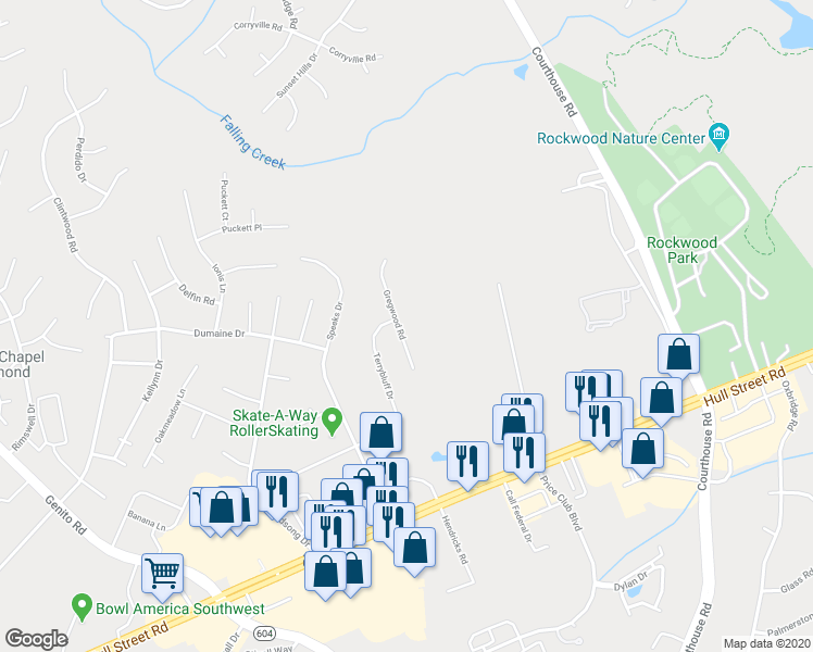 map of restaurants, bars, coffee shops, grocery stores, and more near 3103 Gregwood Road in Midlothian