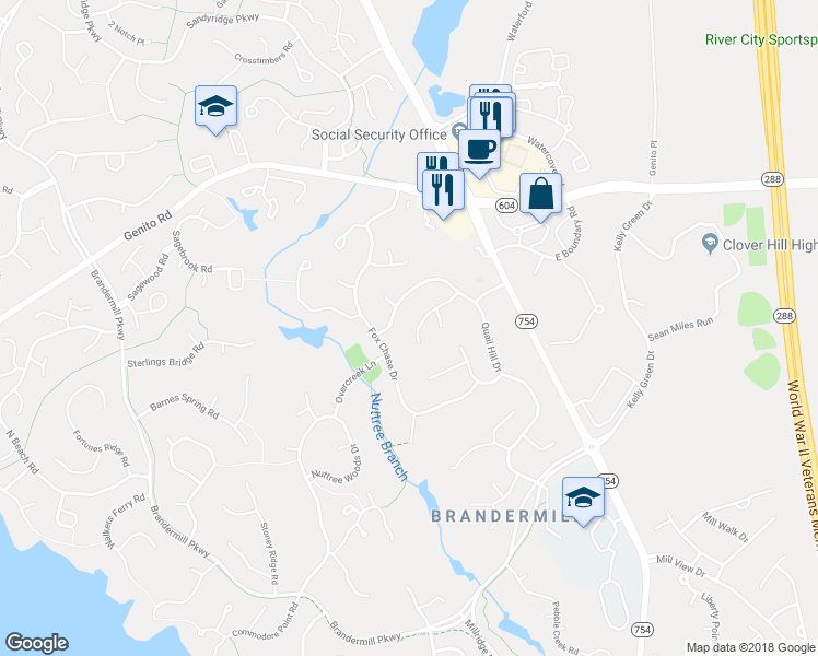 map of restaurants, bars, coffee shops, grocery stores, and more near 13614 Hunts Bridge Road in Midlothian