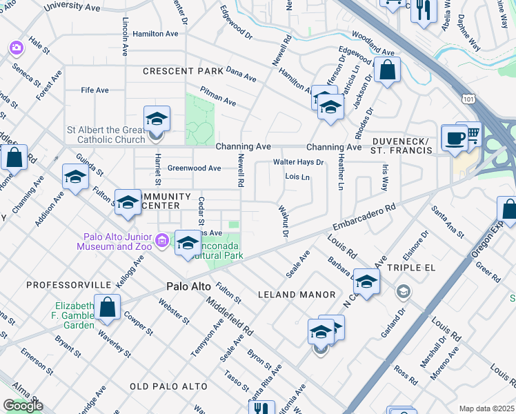 map of restaurants, bars, coffee shops, grocery stores, and more near 1520 Walnut Drive in Palo Alto