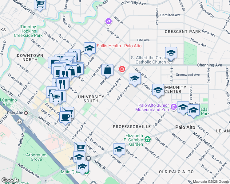 map of restaurants, bars, coffee shops, grocery stores, and more near 916 Webster Street in Palo Alto