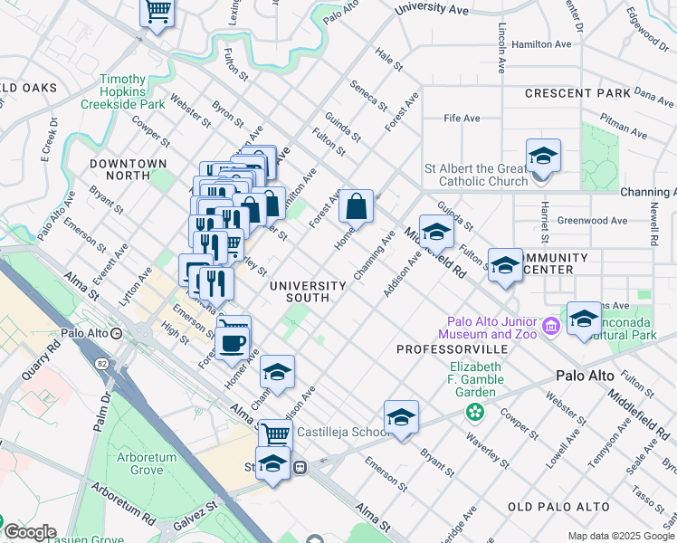 map of restaurants, bars, coffee shops, grocery stores, and more near 541 Channing Avenue in Palo Alto