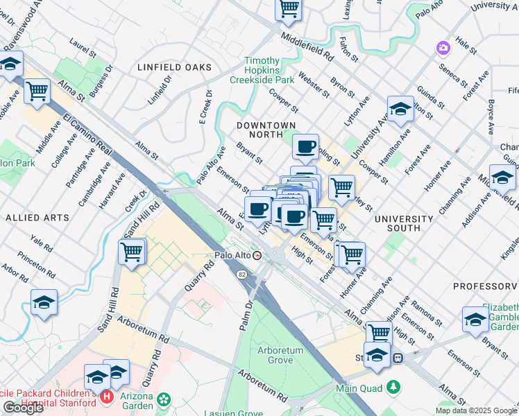 map of restaurants, bars, coffee shops, grocery stores, and more near in Palo Alto
