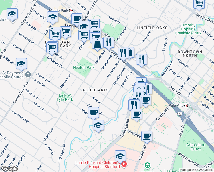 map of restaurants, bars, coffee shops, grocery stores, and more near 824 Cambridge Avenue in Menlo Park