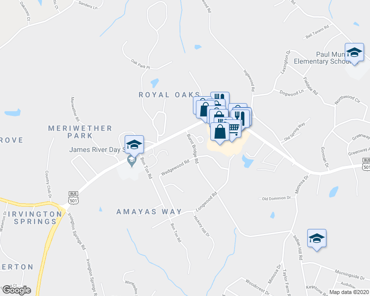 map of restaurants, bars, coffee shops, grocery stores, and more near 1925 Burnt Bridge Road in Lynchburg