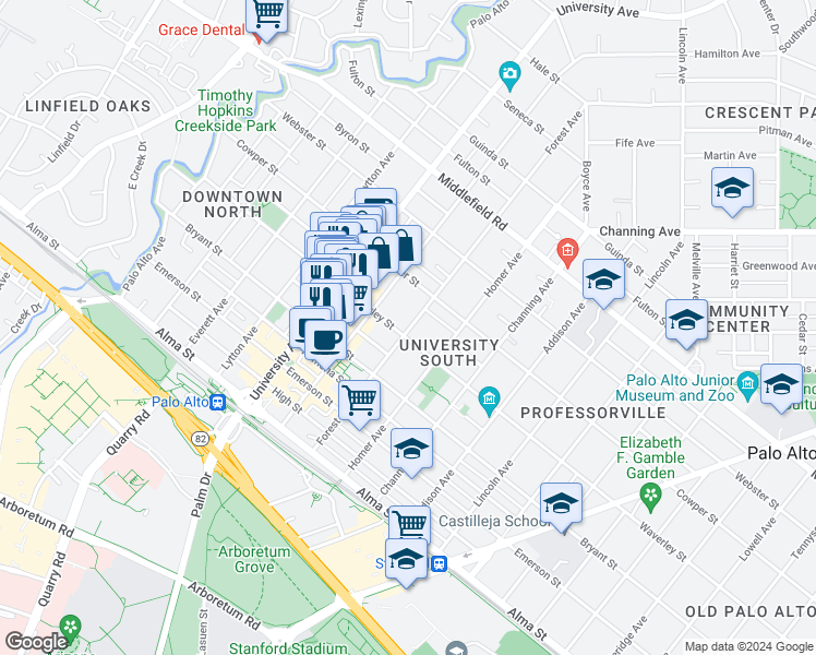 map of restaurants, bars, coffee shops, grocery stores, and more near 411 Forest Avenue in Palo Alto