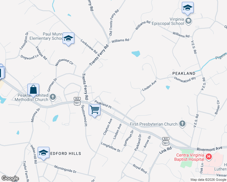 map of restaurants, bars, coffee shops, grocery stores, and more near 4227 Hilton Place in Lynchburg