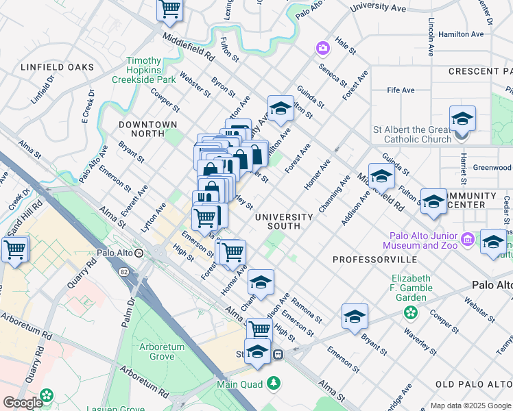 map of restaurants, bars, coffee shops, grocery stores, and more near 685 Waverley Street in Palo Alto