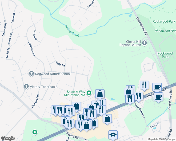 map of restaurants, bars, coffee shops, grocery stores, and more near 3018 Speeks Drive in Midlothian