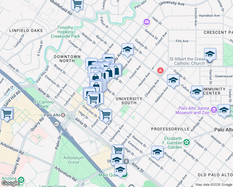 map of restaurants, bars, coffee shops, grocery stores, and more near 685 Waverley Street in Palo Alto