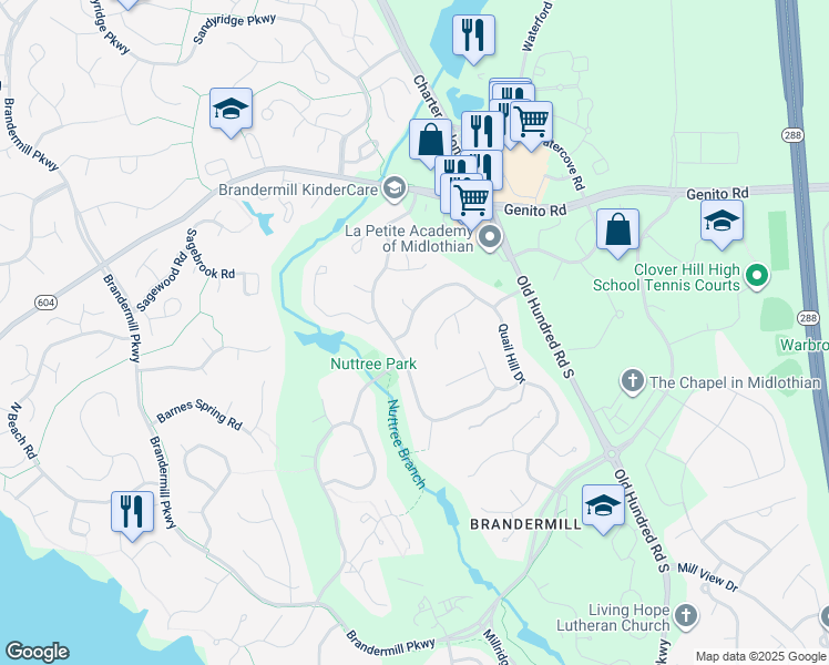 map of restaurants, bars, coffee shops, grocery stores, and more near 3104 Quail Hill Drive in Midlothian