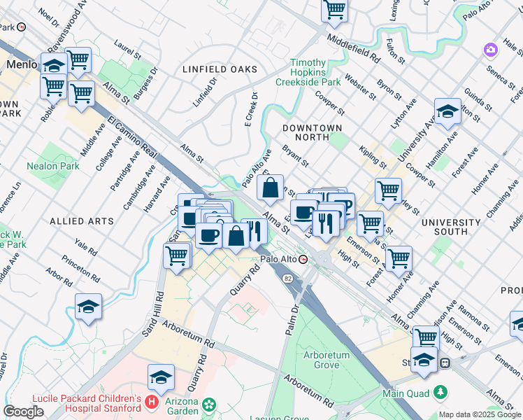 map of restaurants, bars, coffee shops, grocery stores, and more near 2 Hawthorne Avenue in Palo Alto