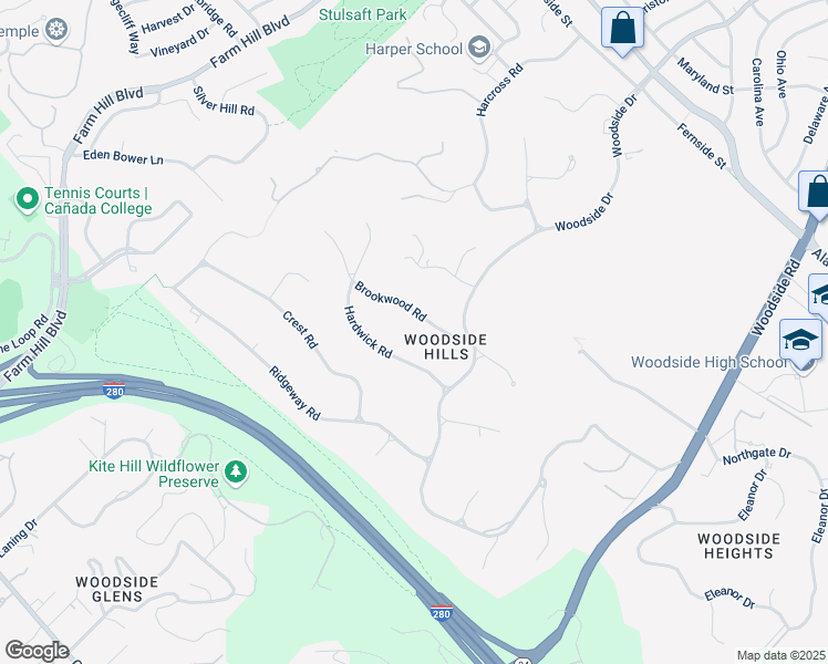 map of restaurants, bars, coffee shops, grocery stores, and more near 165 Brookwood Road in Woodside
