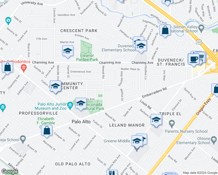map of restaurants, bars, coffee shops, grocery stores, and more near 1520 Walnut Drive in Palo Alto
