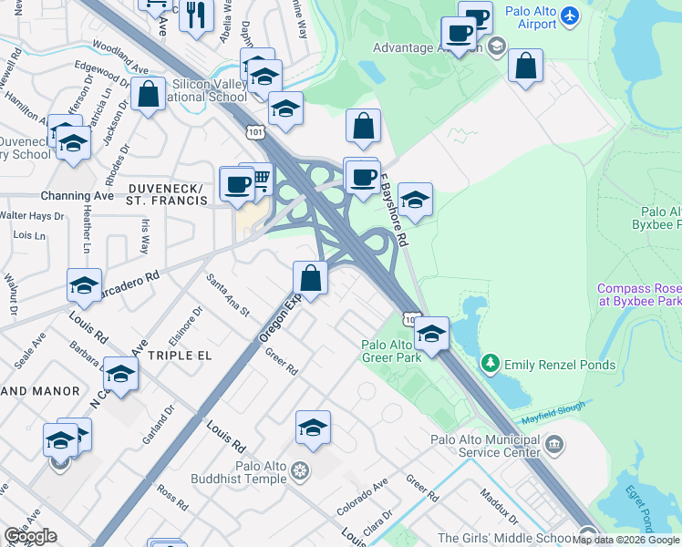 map of restaurants, bars, coffee shops, grocery stores, and more near 2468 West Bayshore Road in Palo Alto