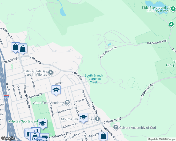 map of restaurants, bars, coffee shops, grocery stores, and more near 1995 Old Calaveras Road in Milpitas