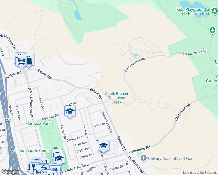 map of restaurants, bars, coffee shops, grocery stores, and more near 1995 Old Calaveras Road in Milpitas
