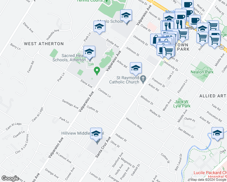 map of restaurants, bars, coffee shops, grocery stores, and more near 1285 San Mateo Drive in Menlo Park