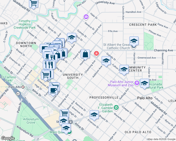 map of restaurants, bars, coffee shops, grocery stores, and more near 564 Channing Avenue in Palo Alto