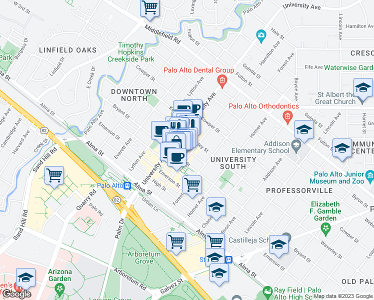 map of restaurants, bars, coffee shops, grocery stores, and more near 345 Hamilton Avenue in Palo Alto