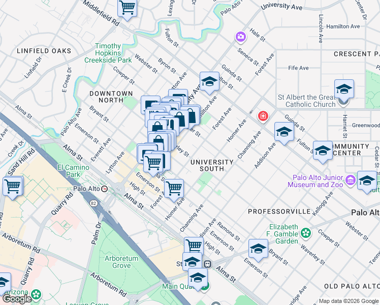 map of restaurants, bars, coffee shops, grocery stores, and more near 636 Waverley Street in Palo Alto