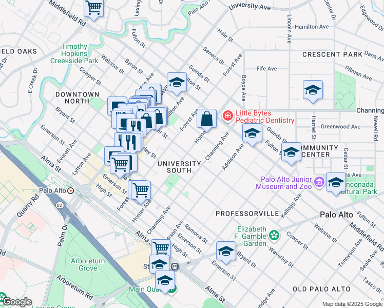 map of restaurants, bars, coffee shops, grocery stores, and more near 500 Homer Avenue in Palo Alto