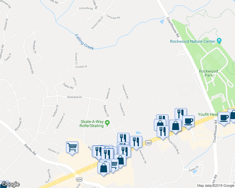 map of restaurants, bars, coffee shops, grocery stores, and more near 3118 Terrybluff Drive in Midlothian