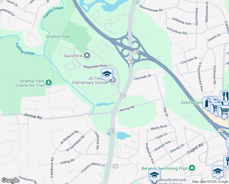 map of restaurants, bars, coffee shops, grocery stores, and more near 4801 Ridgedale Parkway in Richmond