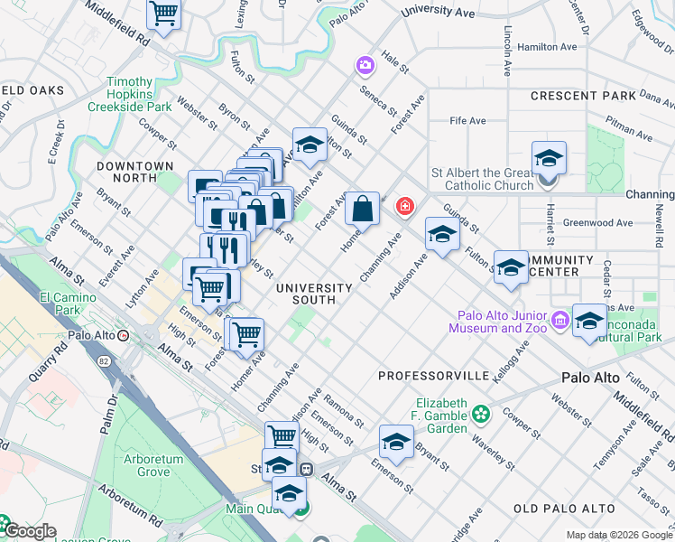 map of restaurants, bars, coffee shops, grocery stores, and more near 500 Homer Avenue in Palo Alto