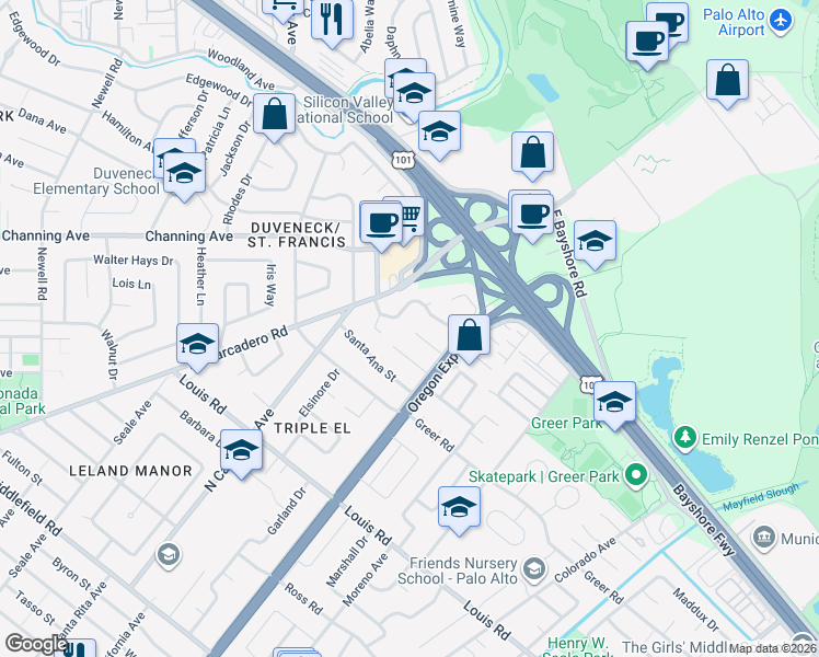 map of restaurants, bars, coffee shops, grocery stores, and more near 2331 Carmel Drive in Palo Alto
