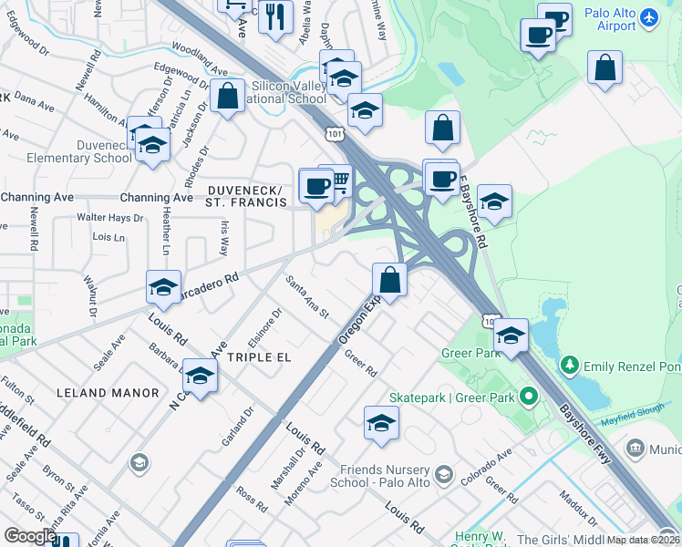 map of restaurants, bars, coffee shops, grocery stores, and more near 2331 Carmel Drive in Palo Alto