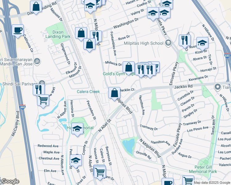 map of restaurants, bars, coffee shops, grocery stores, and more near 11 Jacklin Circle in Milpitas