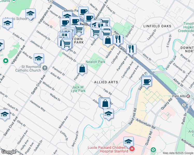 map of restaurants, bars, coffee shops, grocery stores, and more near 445 University Drive in Menlo Park