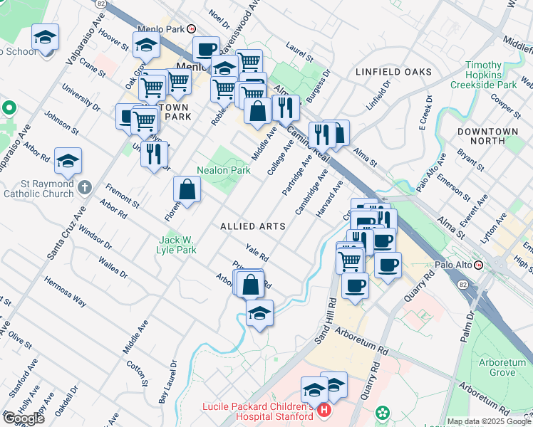 map of restaurants, bars, coffee shops, grocery stores, and more near 866 Partridge Avenue in Menlo Park