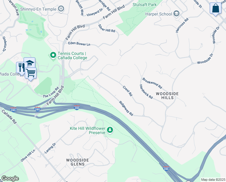 map of restaurants, bars, coffee shops, grocery stores, and more near 310 Ridgeway Road in Woodside
