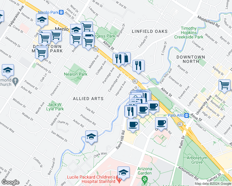 map of restaurants, bars, coffee shops, grocery stores, and more near 772 Harvard Avenue in Menlo Park