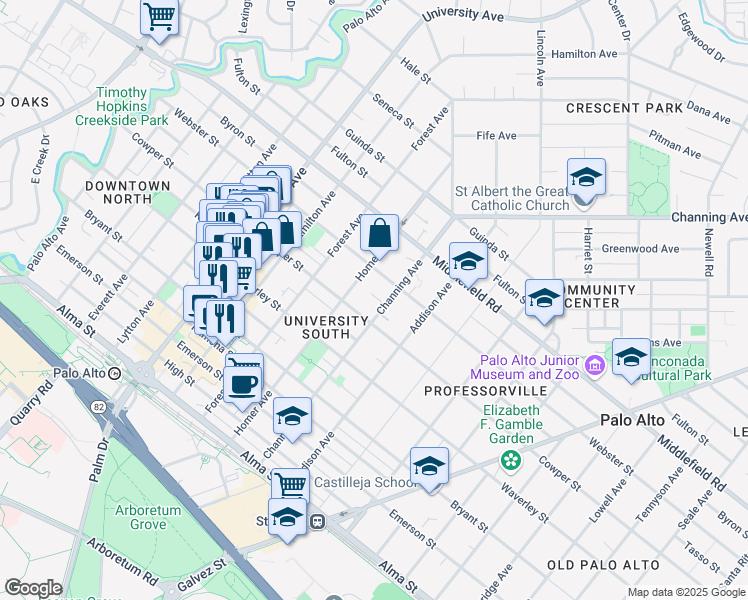 map of restaurants, bars, coffee shops, grocery stores, and more near 541 Channing Avenue in Palo Alto