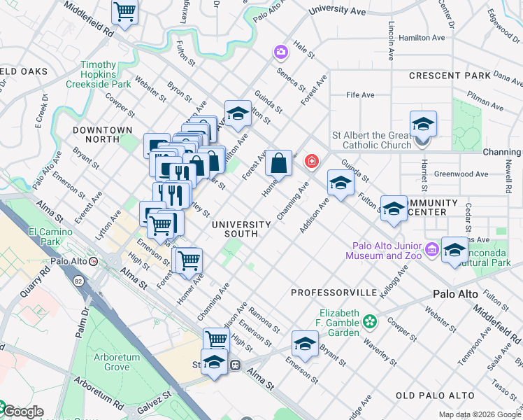 map of restaurants, bars, coffee shops, grocery stores, and more near 813 Cowper Street in Palo Alto