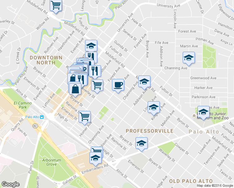 map of restaurants, bars, coffee shops, grocery stores, and more near 813 Cowper Street in Palo Alto