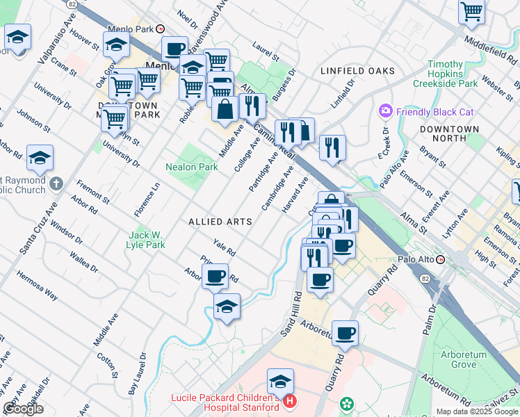 map of restaurants, bars, coffee shops, grocery stores, and more near 824 Cambridge Avenue in Menlo Park